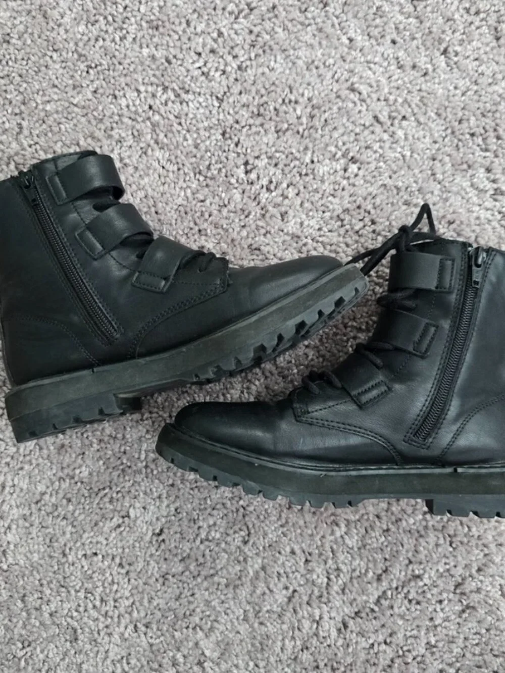 Zara Black Triple Buckle Combat Boots Faux Leather Moto Punk Goth Side Zip 34